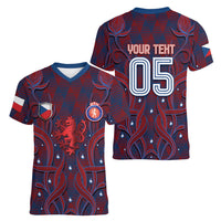 Custom Czech Republic Football Women V-Neck T-Shirt Art Nouveau Patterns With National Lion