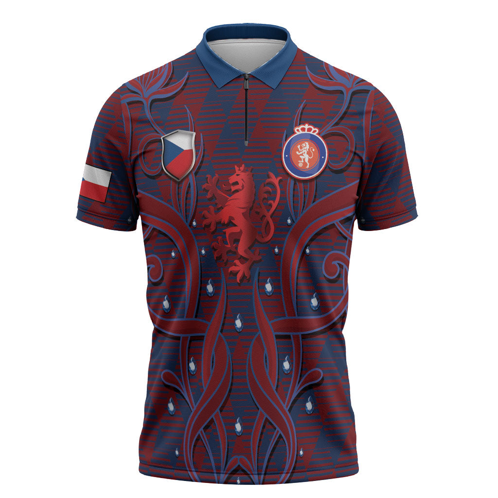 Custom Czech Republic Football Zipper Polo Shirt Art Nouveau Patterns With National Lion