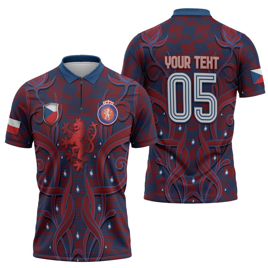 Custom Czech Republic Football Zipper Polo Shirt Art Nouveau Patterns With National Lion