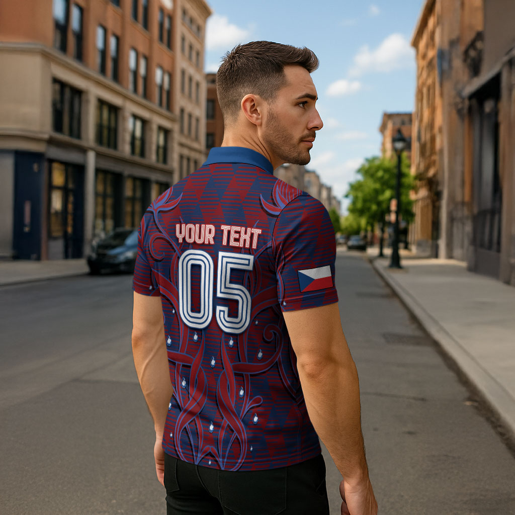 Custom Czech Republic Football Zipper Polo Shirt Art Nouveau Patterns With National Lion