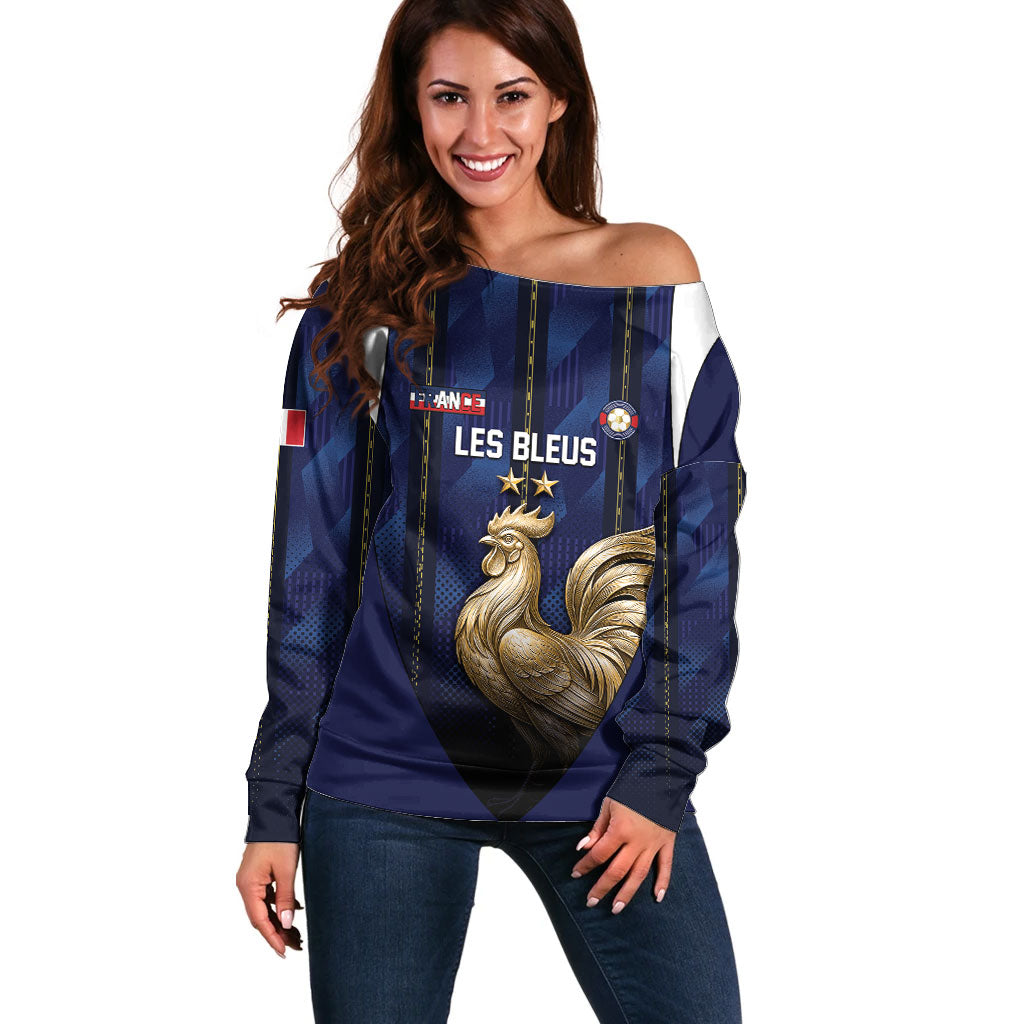 Custom France Football Off Shoulder Sweater Gallic Rooster Luxury Sport Style