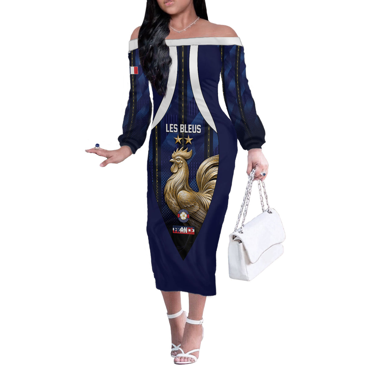 Custom France Football Off The Shoulder Long Sleeve Dress Gallic Rooster Luxury Sport Style