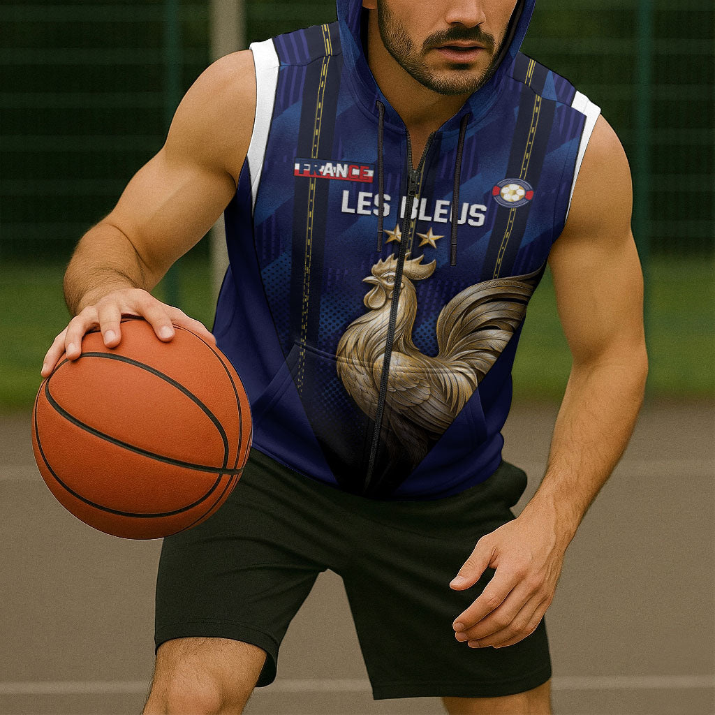 Custom France Football Sleeveless Zip Hoodie Gallic Rooster Luxury Sport Style