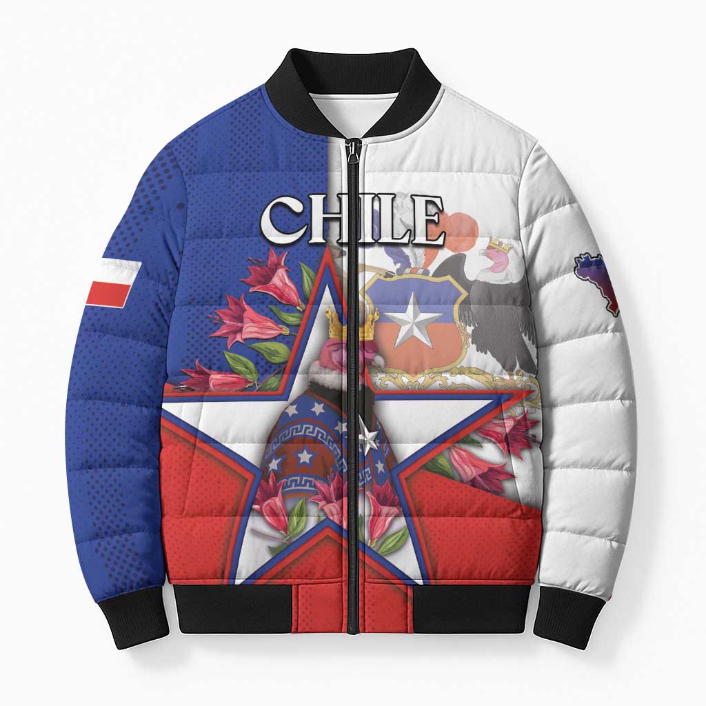Personalized Chile Bomber Puffer Jacket Andean Condor With Chilean Bellflower - Wonder Print Shop