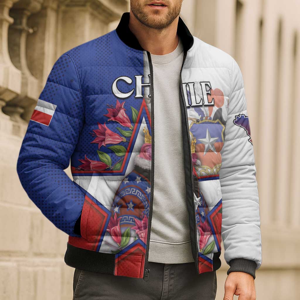 Personalized Chile Bomber Puffer Jacket Andean Condor With Chilean Bellflower - Wonder Print Shop