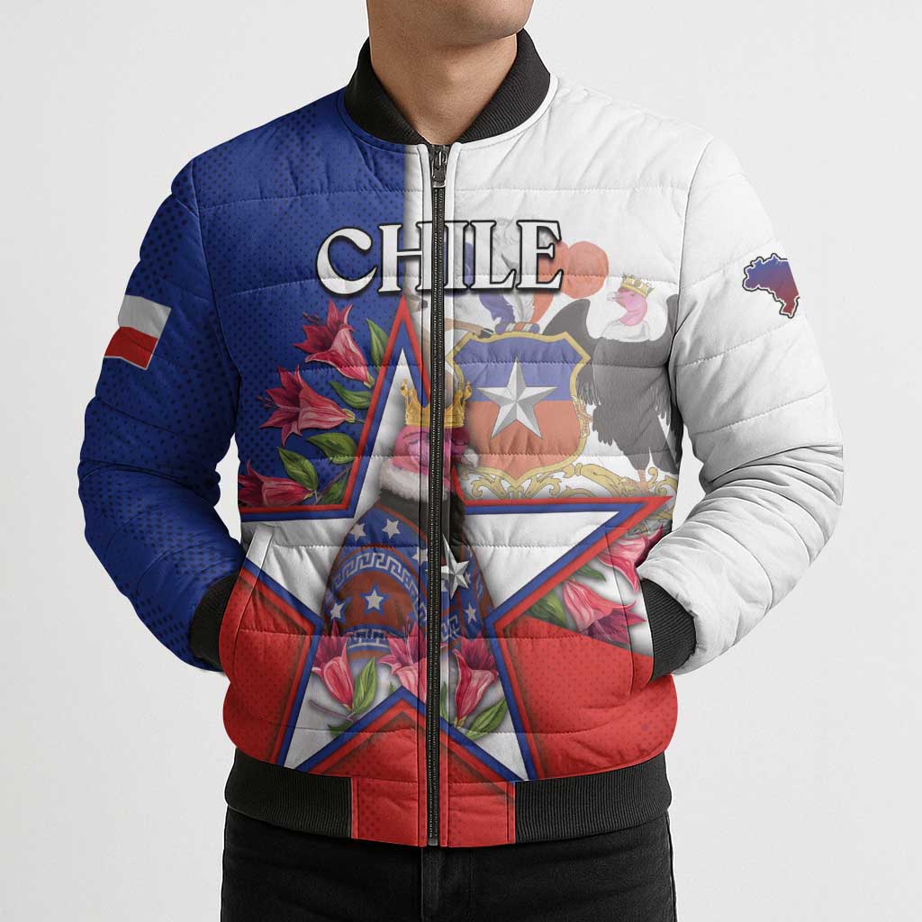 Personalized Chile Bomber Puffer Jacket Andean Condor With Chilean Bellflower - Wonder Print Shop