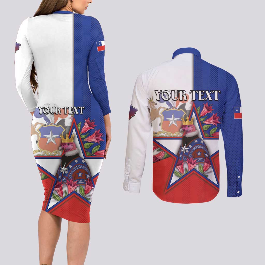 Personalized Chile Couples Matching Long Sleeve Bodycon Dress and Long Sleeve Button Shirt Andean Condor With Chilean Bellflower - Wonder Print Shop