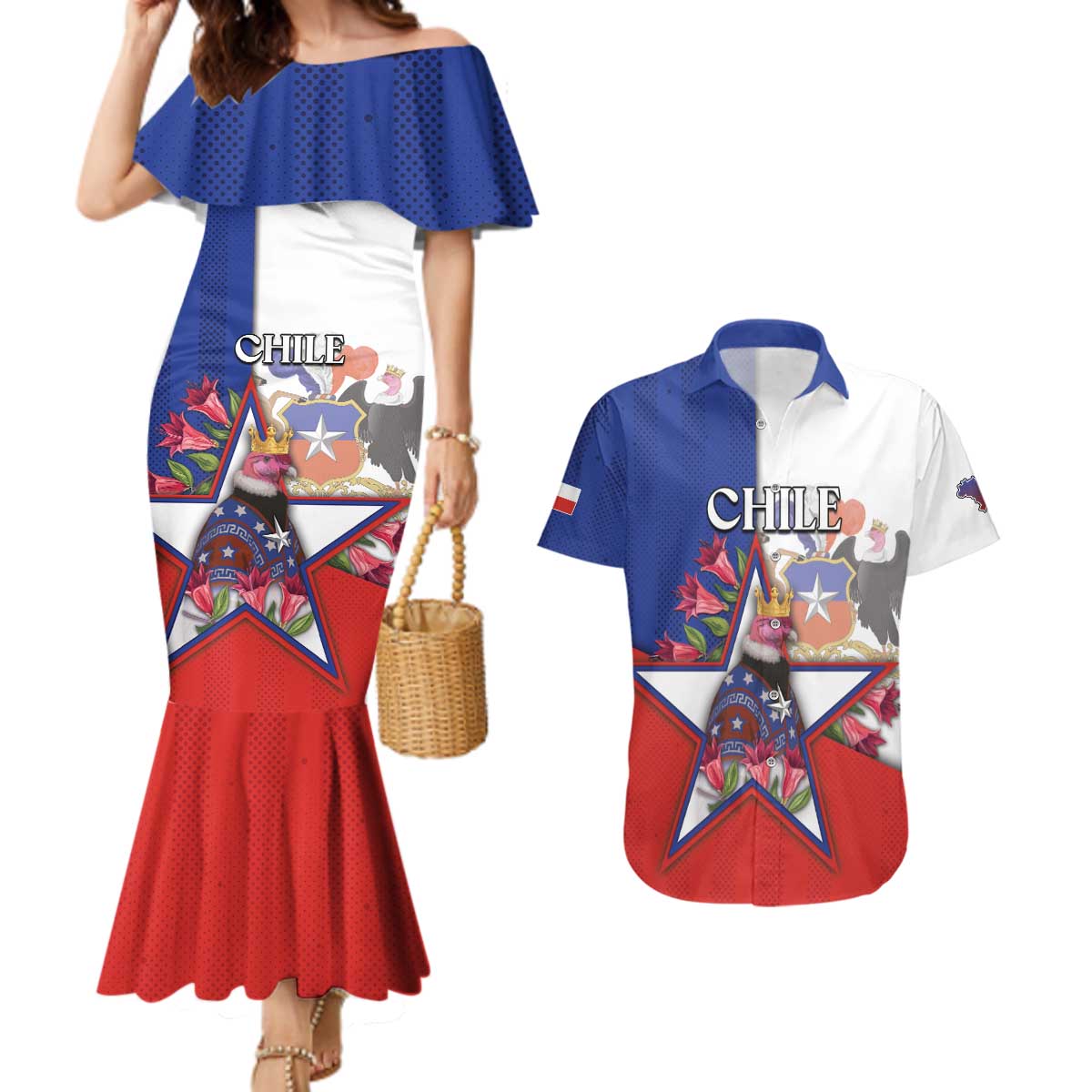 Personalized Chile Couples Matching Mermaid Dress and Hawaiian Shirt Andean Condor With Chilean Bellflower - Wonder Print Shop