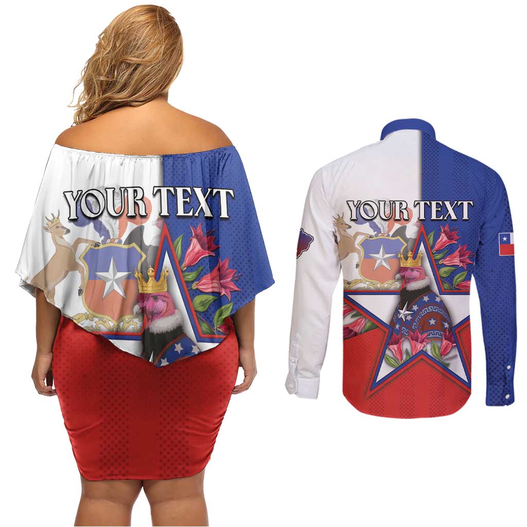Personalized Chile Couples Matching Off Shoulder Short Dress and Long Sleeve Button Shirt Andean Condor With Chilean Bellflower - Wonder Print Shop