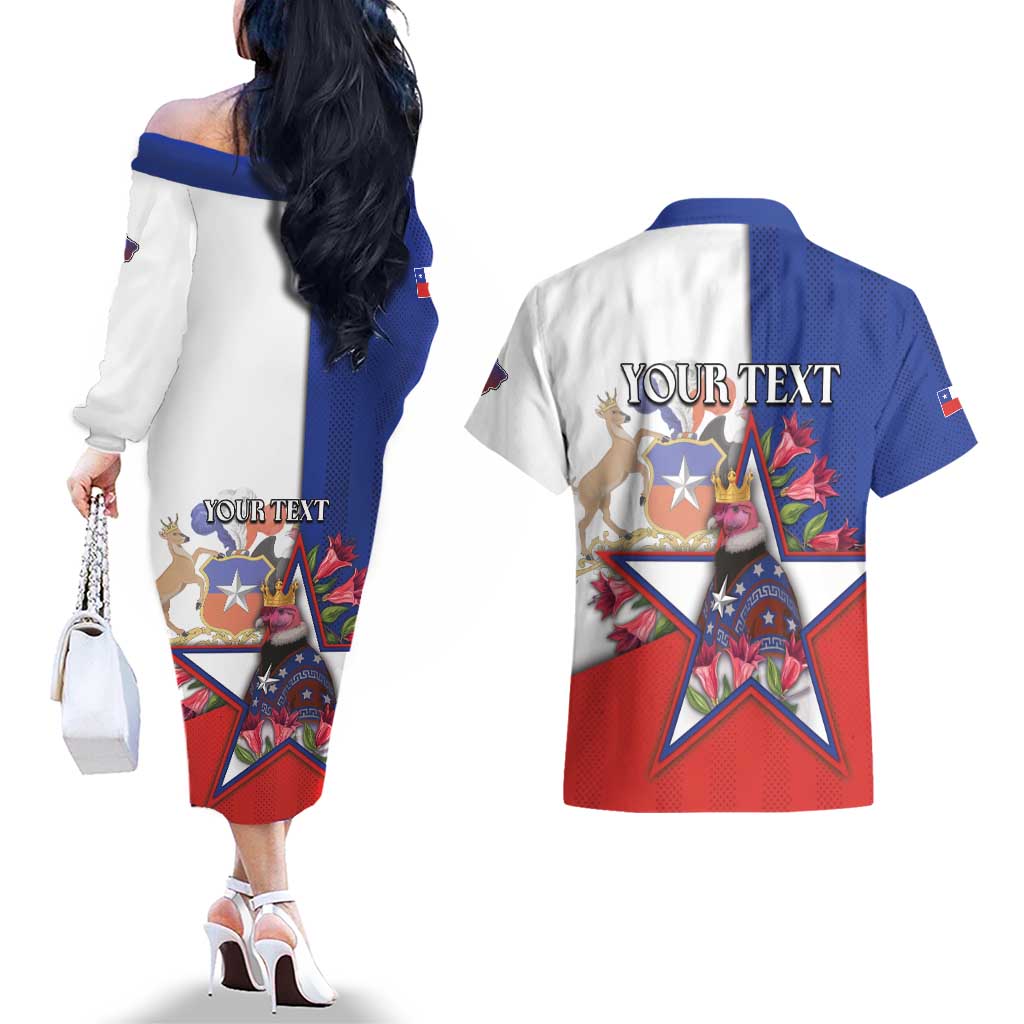 Personalized Chile Couples Matching Off The Shoulder Long Sleeve Dress and Hawaiian Shirt Andean Condor With Chilean Bellflower - Wonder Print Shop