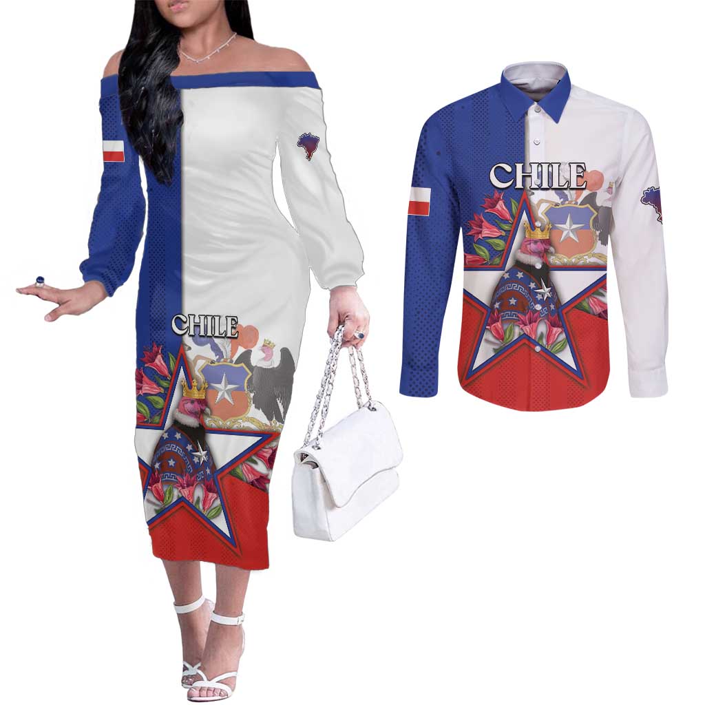 Personalized Chile Couples Matching Off The Shoulder Long Sleeve Dress and Long Sleeve Button Shirt Andean Condor With Chilean Bellflower - Wonder Print Shop