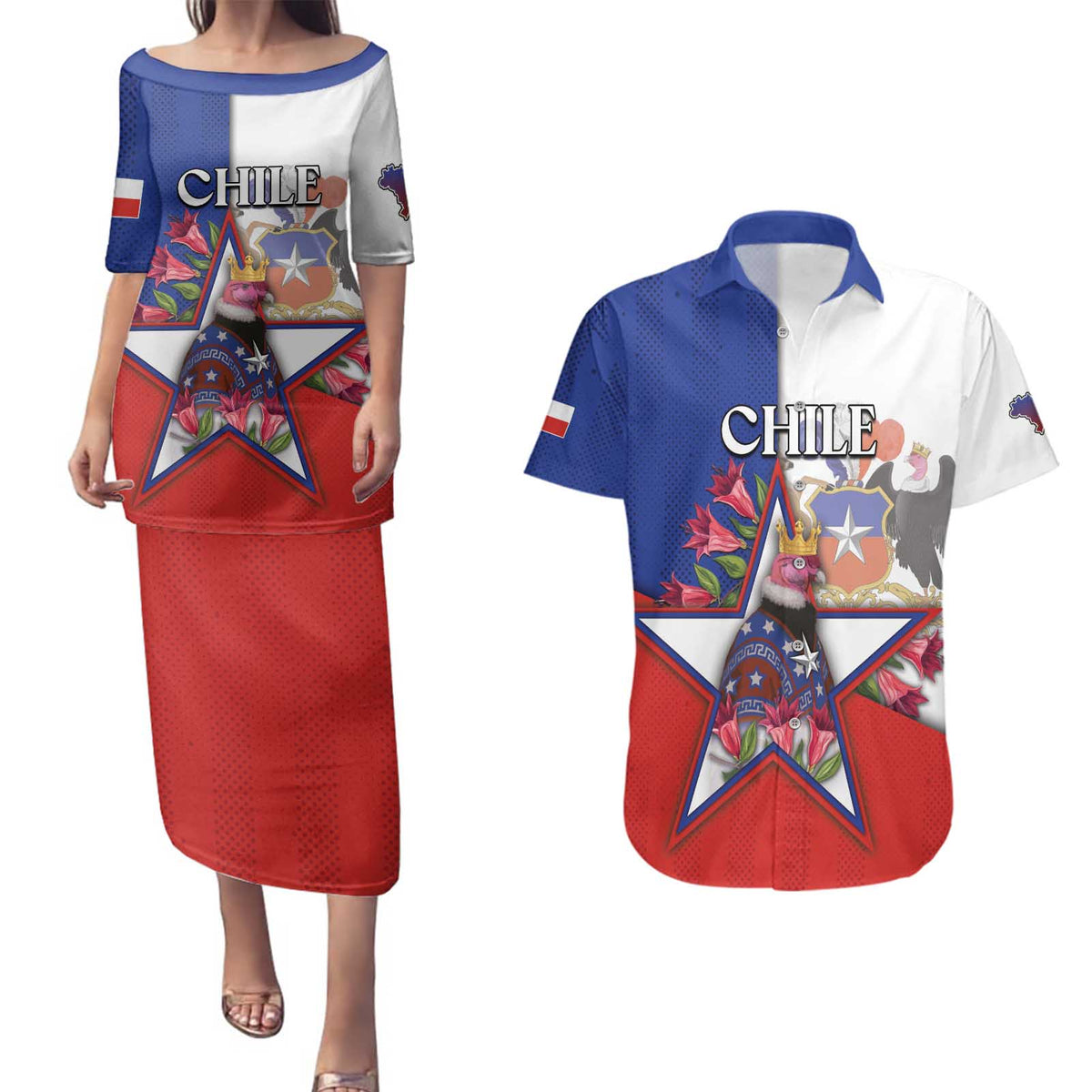 Personalized Chile Couples Matching Puletasi and Hawaiian Shirt Andean Condor With Chilean Bellflower - Wonder Print Shop