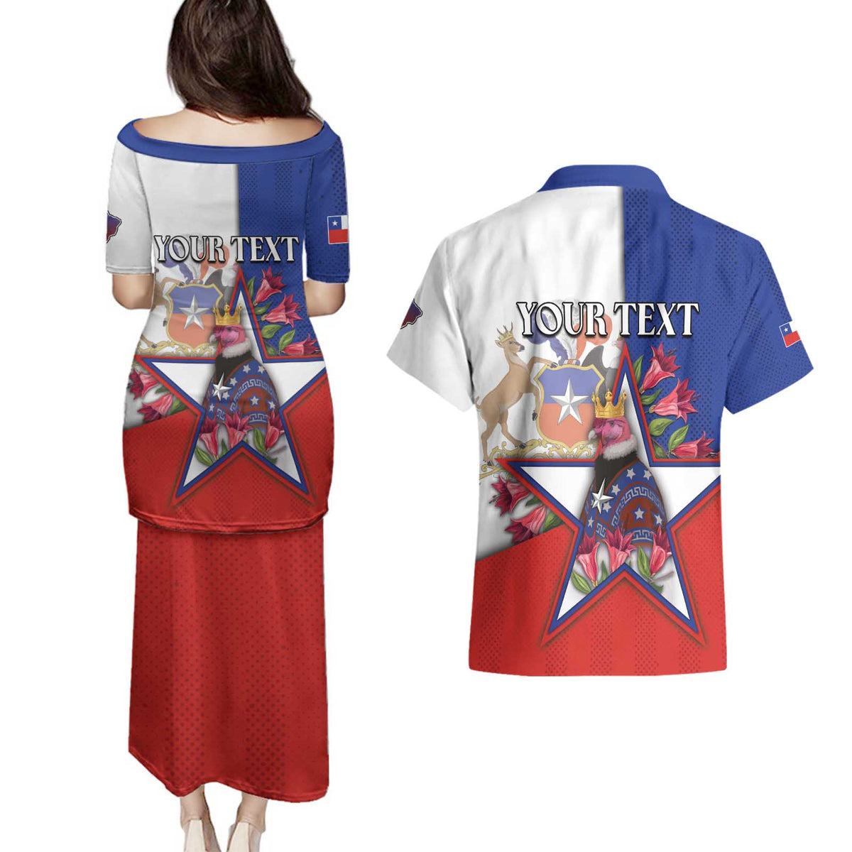 Personalized Chile Couples Matching Puletasi and Hawaiian Shirt Andean Condor With Chilean Bellflower - Wonder Print Shop