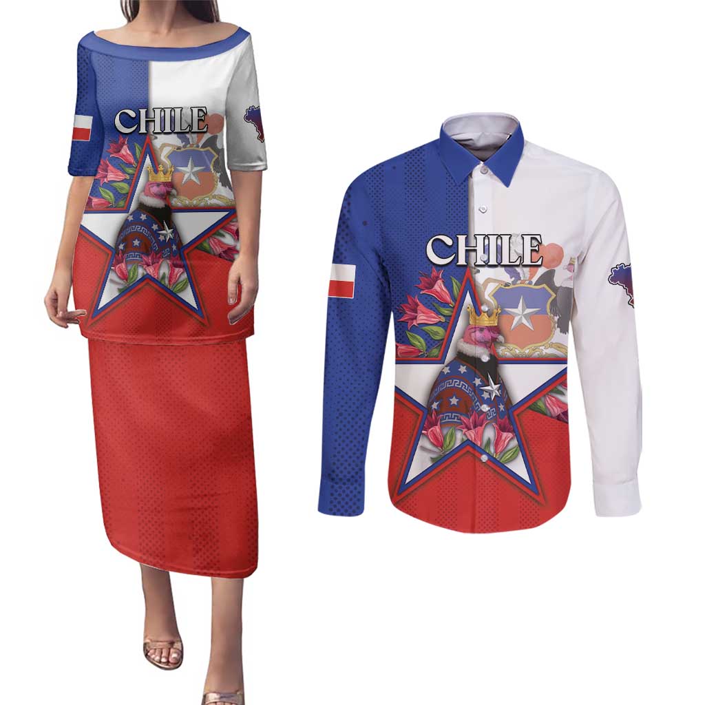Personalized Chile Couples Matching Puletasi and Long Sleeve Button Shirt Andean Condor With Chilean Bellflower - Wonder Print Shop