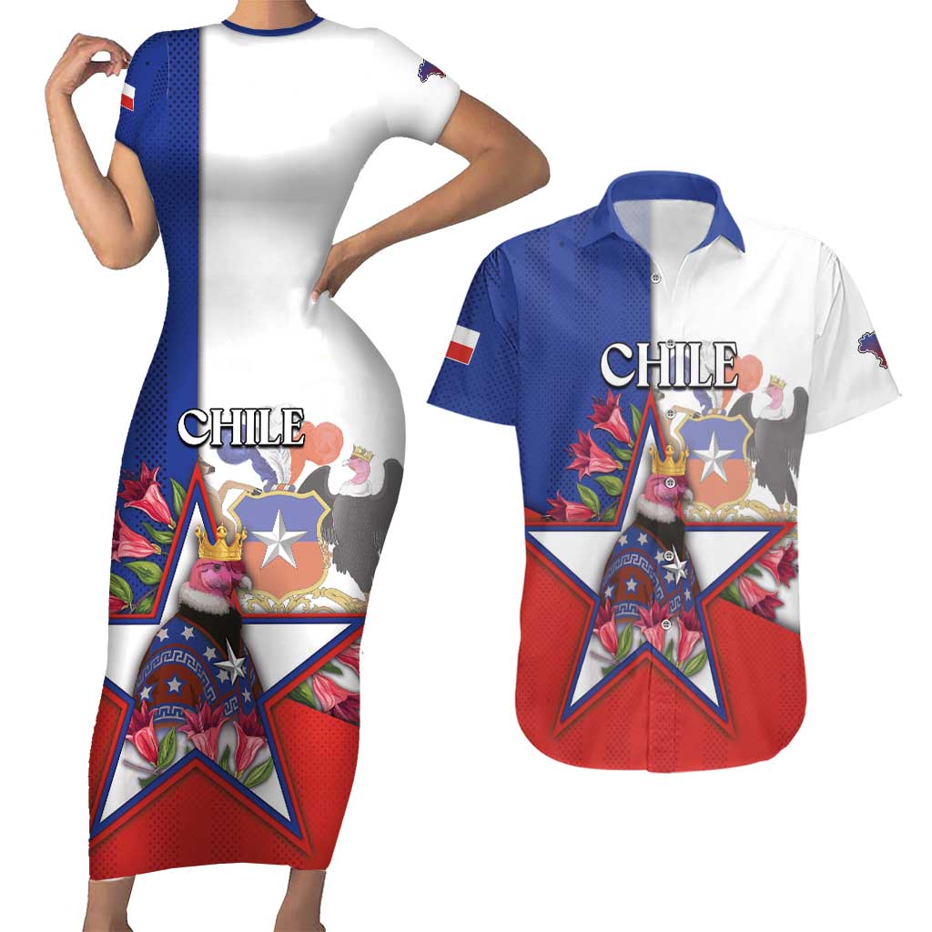 Personalized Chile Couples Matching Short Sleeve Bodycon Dress and Hawaiian Shirt Andean Condor With Chilean Bellflower - Wonder Print Shop