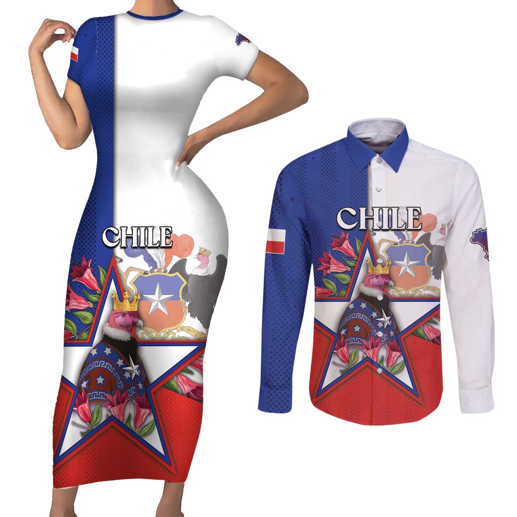 Personalized Chile Couples Matching Short Sleeve Bodycon Dress and Long Sleeve Button Shirt Andean Condor With Chilean Bellflower - Wonder Print Shop
