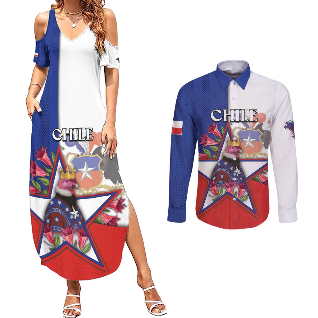 Personalized Chile Couples Matching Summer Maxi Dress and Long Sleeve Button Shirt Andean Condor With Chilean Bellflower - Wonder Print Shop