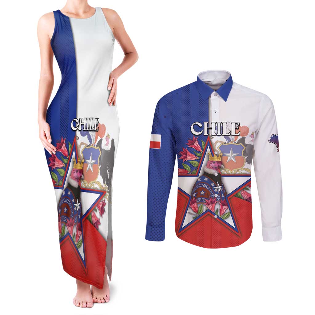 Personalized Chile Couples Matching Tank Maxi Dress and Long Sleeve Button Shirt Andean Condor With Chilean Bellflower - Wonder Print Shop