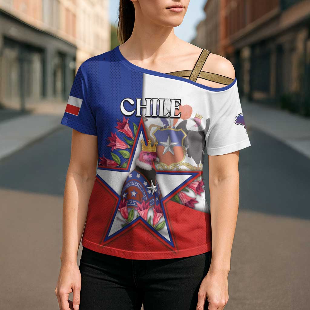 Personalized Chile Cross Shoulder Shirt Andean Condor With Chilean Bellflower - Wonder Print Shop