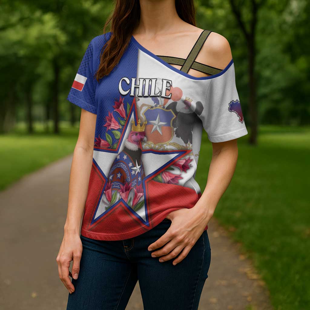Personalized Chile Cross Shoulder Shirt Andean Condor With Chilean Bellflower - Wonder Print Shop