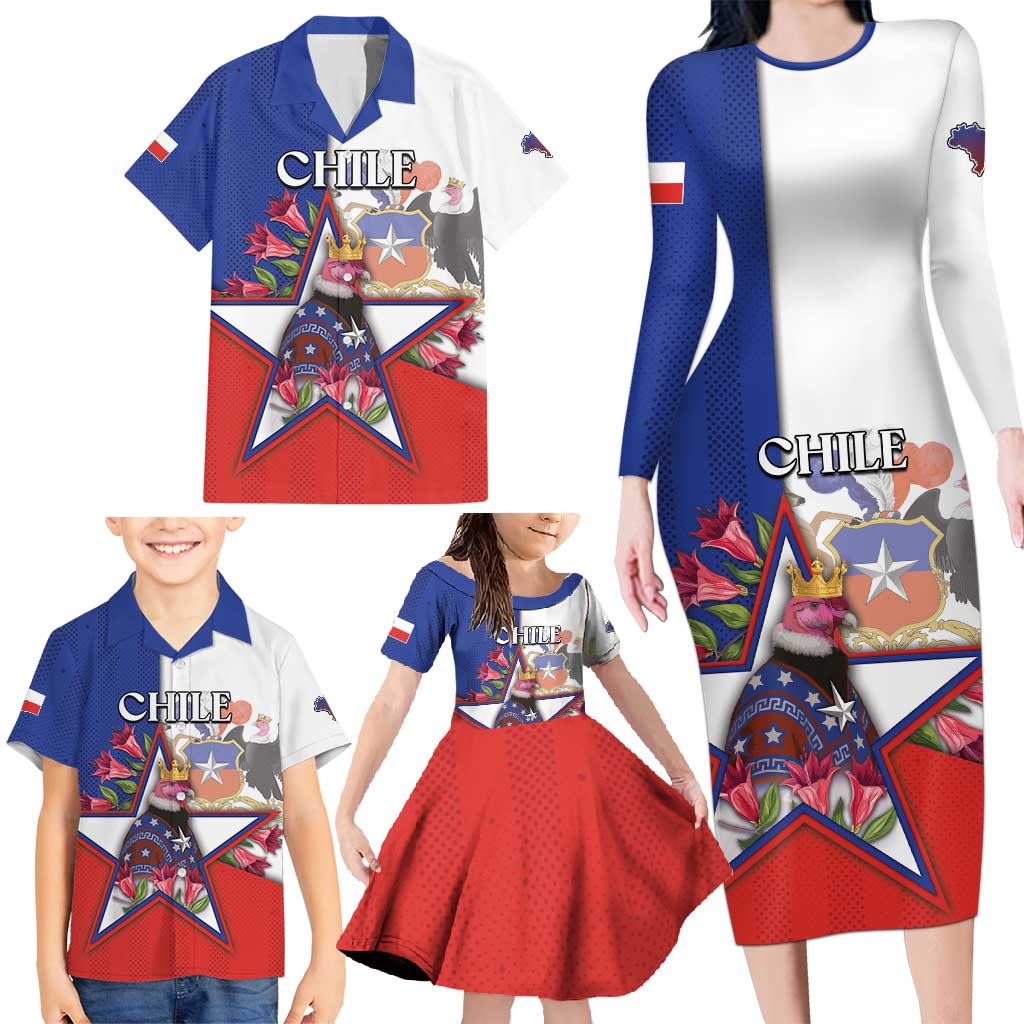 Personalized Chile Family Matching Long Sleeve Bodycon Dress and Hawaiian Shirt Andean Condor With Chilean Bellflower - Wonder Print Shop