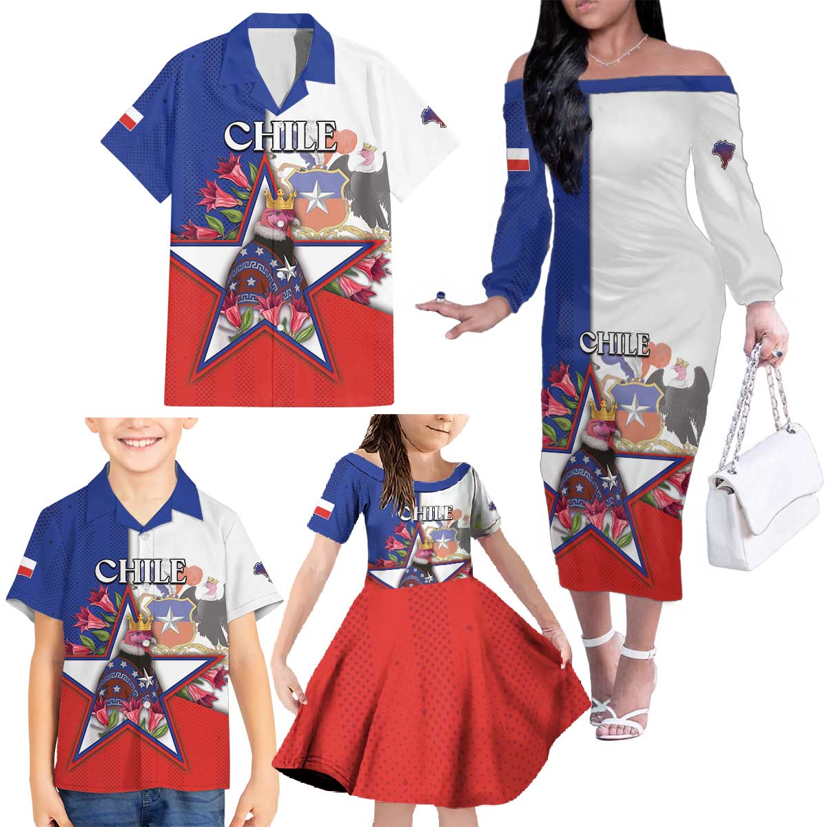 Personalized Chile Family Matching Off The Shoulder Long Sleeve Dress and Hawaiian Shirt Andean Condor With Chilean Bellflower - Wonder Print Shop