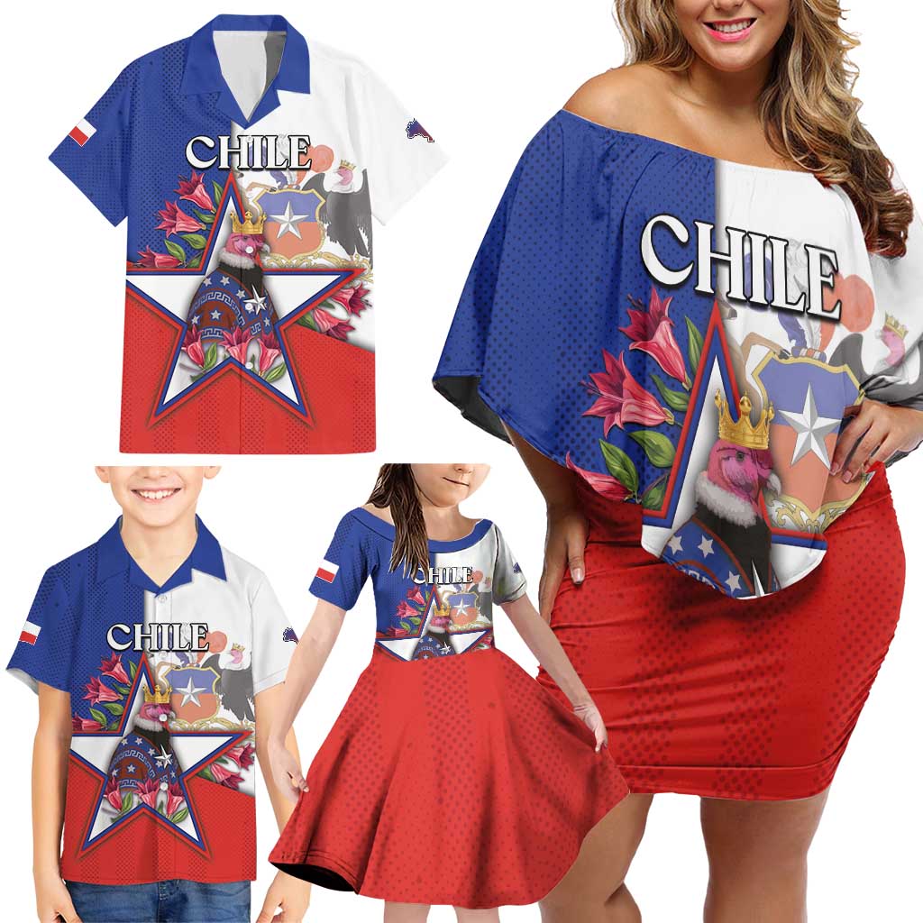 Personalized Chile Family Matching Off Shoulder Short Dress and Hawaiian Shirt Andean Condor With Chilean Bellflower - Wonder Print Shop