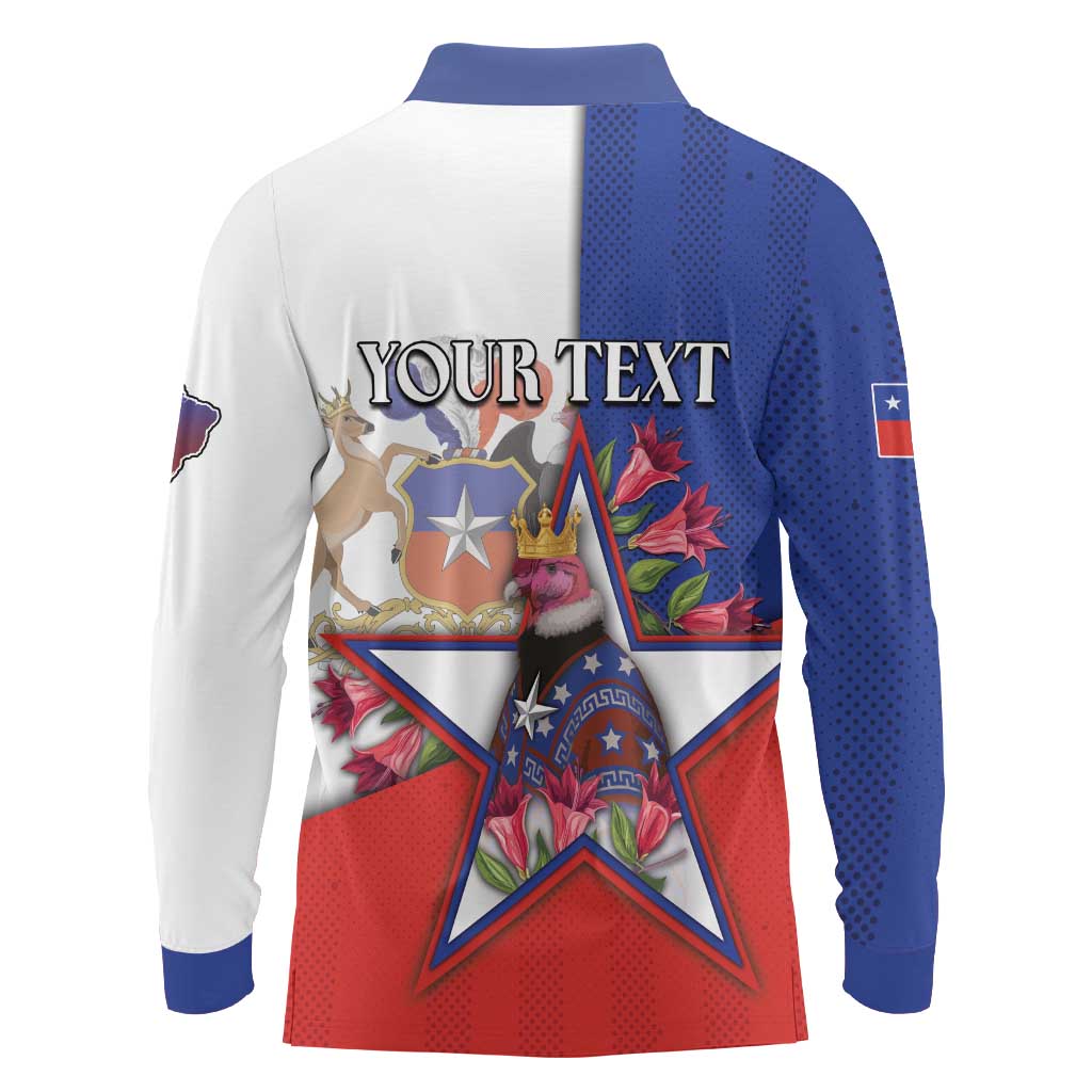 Personalized Chile Long Sleeve Polo Shirt Andean Condor With Chilean Bellflower - Wonder Print Shop