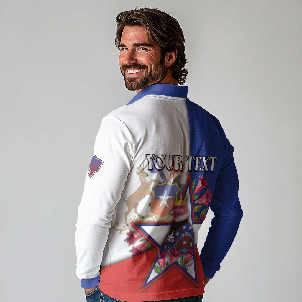 Personalized Chile Long Sleeve Polo Shirt Andean Condor With Chilean Bellflower - Wonder Print Shop