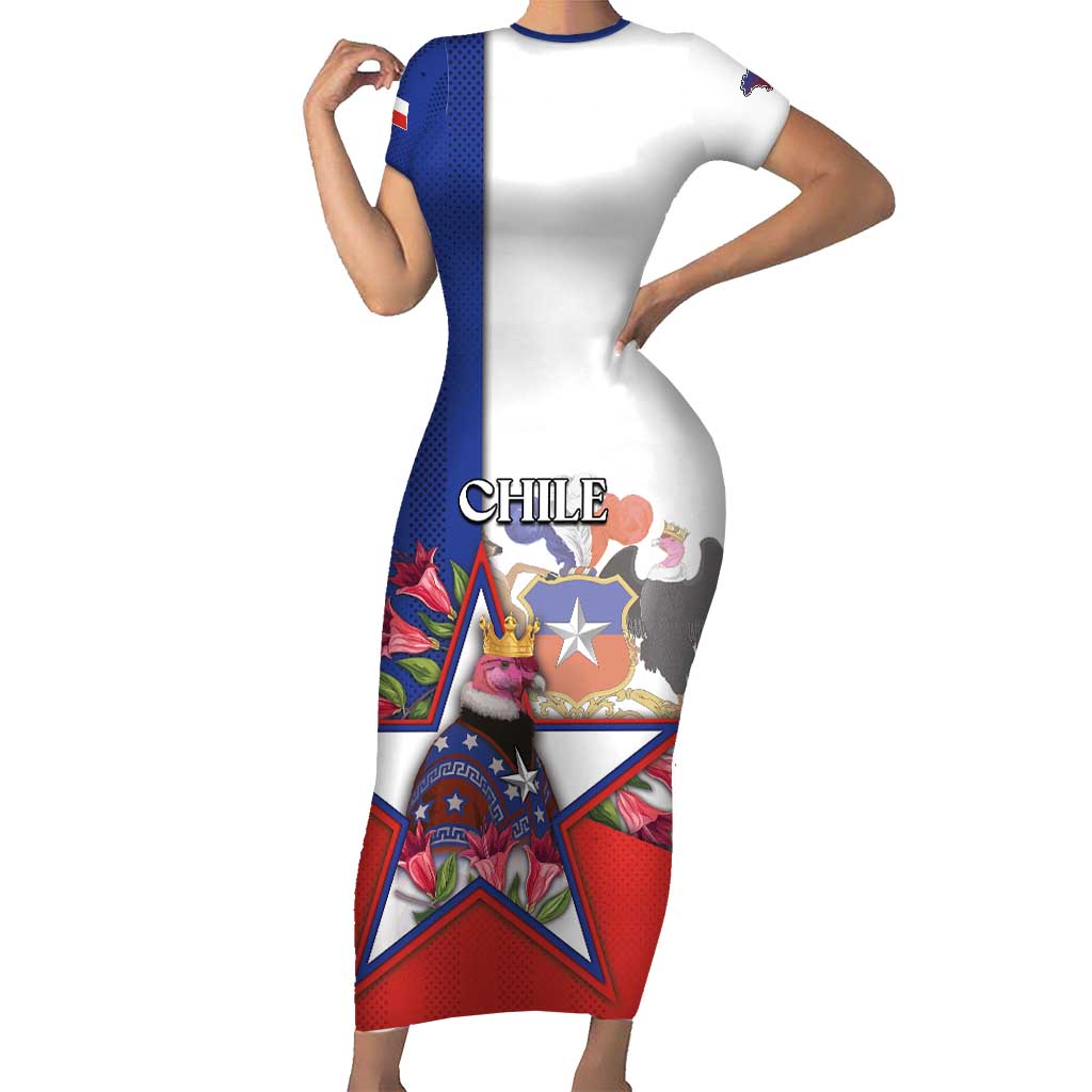 Personalized Chile Short Sleeve Bodycon Dress Andean Condor With Chilean Bellflower - Wonder Print Shop