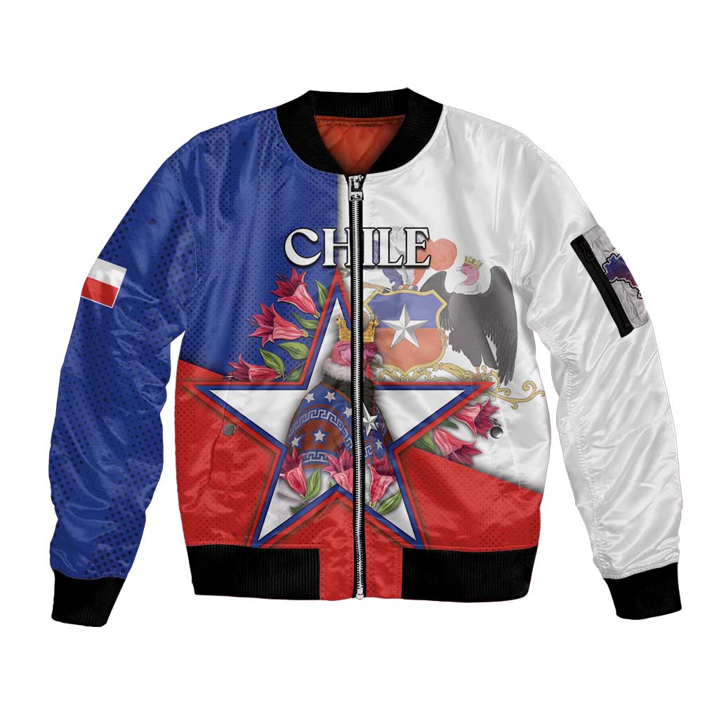 Personalized Chile Sleeve Zip Bomber Jacket Andean Condor With Chilean Bellflower - Wonder Print Shop