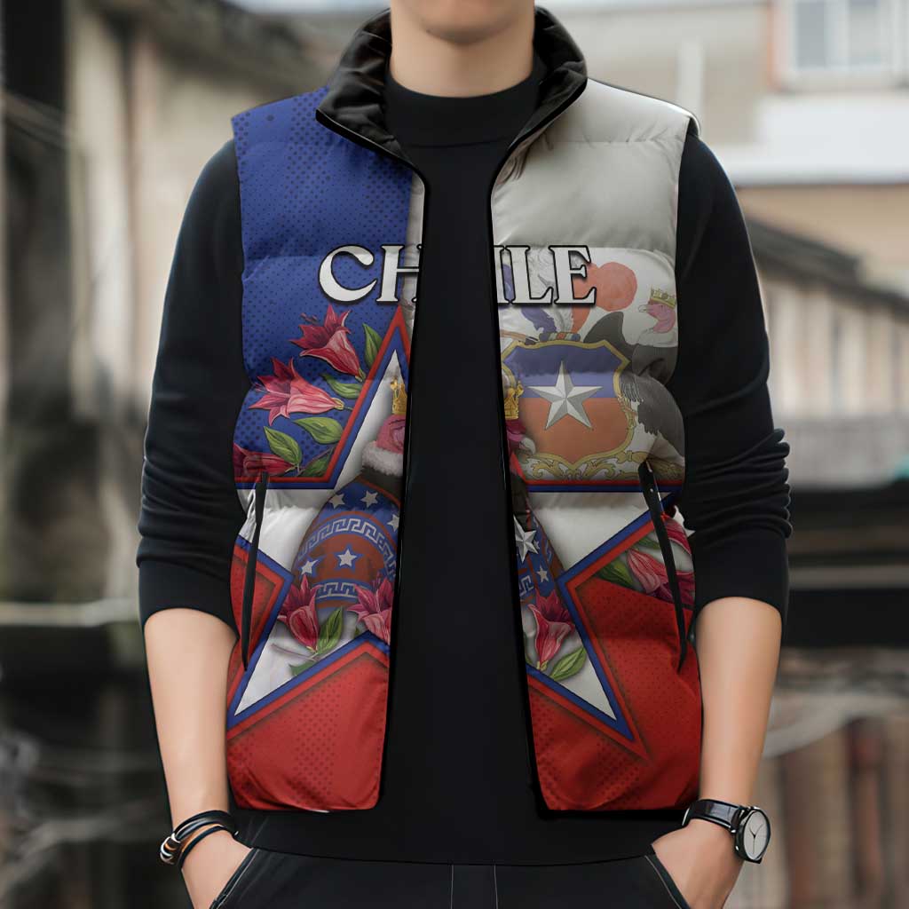 Personalized Chile Sleeveless Puffer Jacket Andean Condor With Chilean Bellflower - Wonder Print Shop