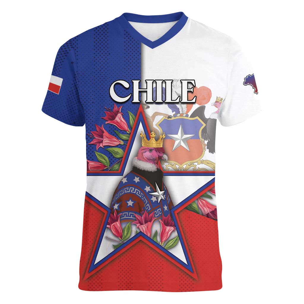 Personalized Chile Women V-Neck T-Shirt Andean Condor With Chilean Bellflower - Wonder Print Shop
