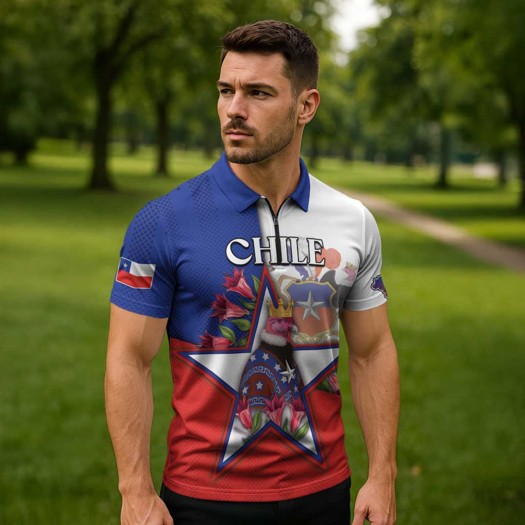 Personalized Chile Zipper Polo Shirt Andean Condor With Chilean Bellflower - Wonder Print Shop