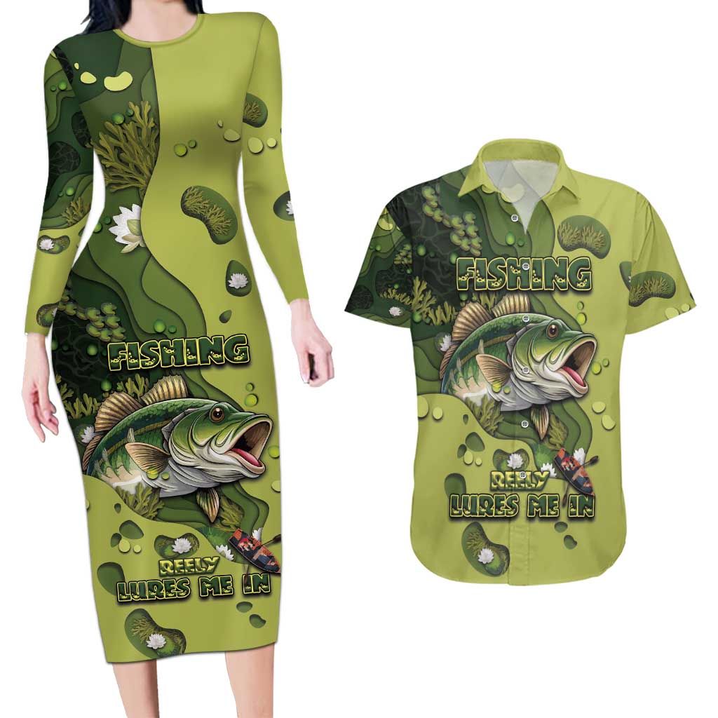 Personalized Fishing Couples Matching Long Sleeve Bodycon Dress and Hawaiian Shirt Reely Lures Me In - Wonder Print Shop