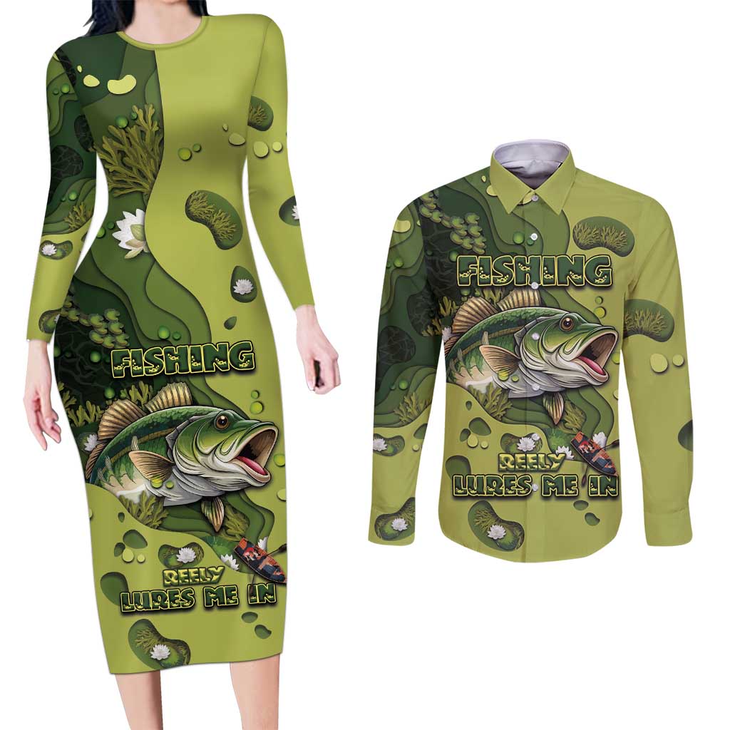 Personalized Fishing Couples Matching Long Sleeve Bodycon Dress and Long Sleeve Button Shirt Reely Lures Me In - Wonder Print Shop