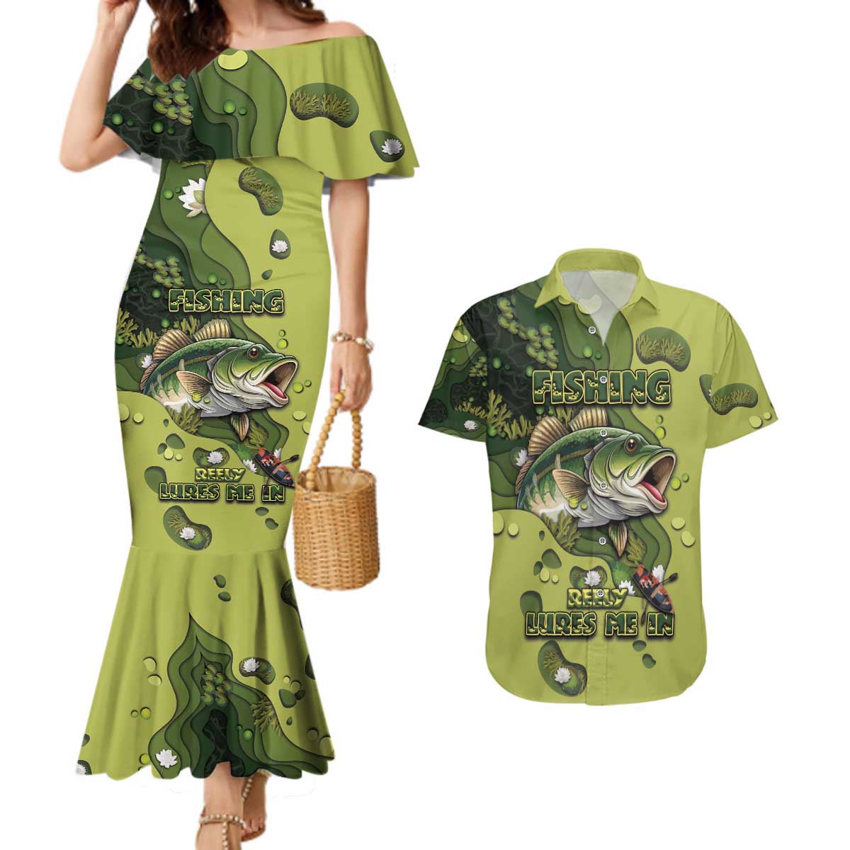 Personalized Fishing Couples Matching Mermaid Dress and Hawaiian Shirt Reely Lures Me In - Wonder Print Shop