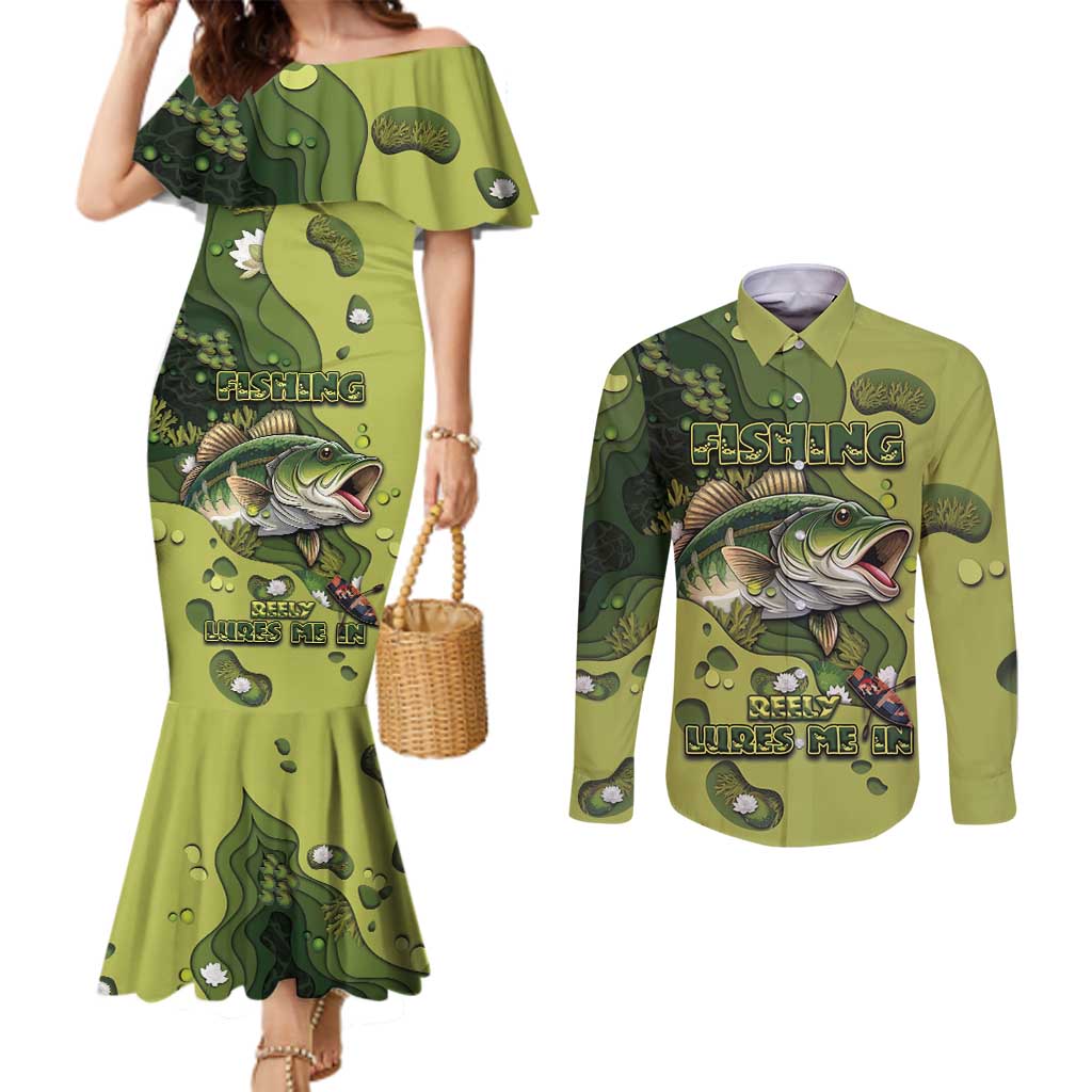 Personalized Fishing Couples Matching Mermaid Dress and Long Sleeve Button Shirt Reely Lures Me In - Wonder Print Shop