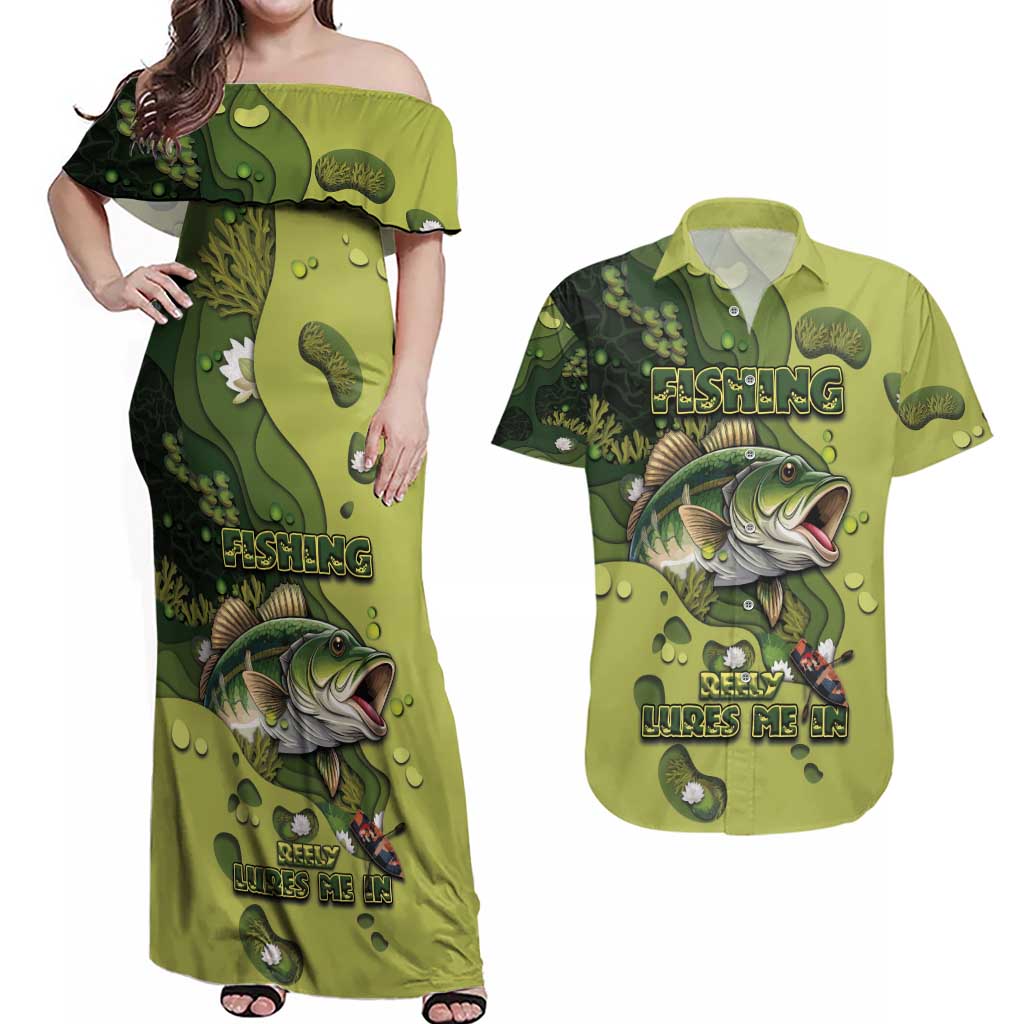 Personalized Fishing Couples Matching Off Shoulder Maxi Dress and Hawaiian Shirt Reely Lures Me In - Wonder Print Shop