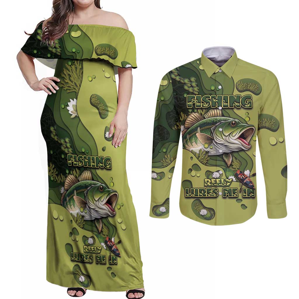 Personalized Fishing Couples Matching Off Shoulder Maxi Dress and Long Sleeve Button Shirt Reely Lures Me In - Wonder Print Shop
