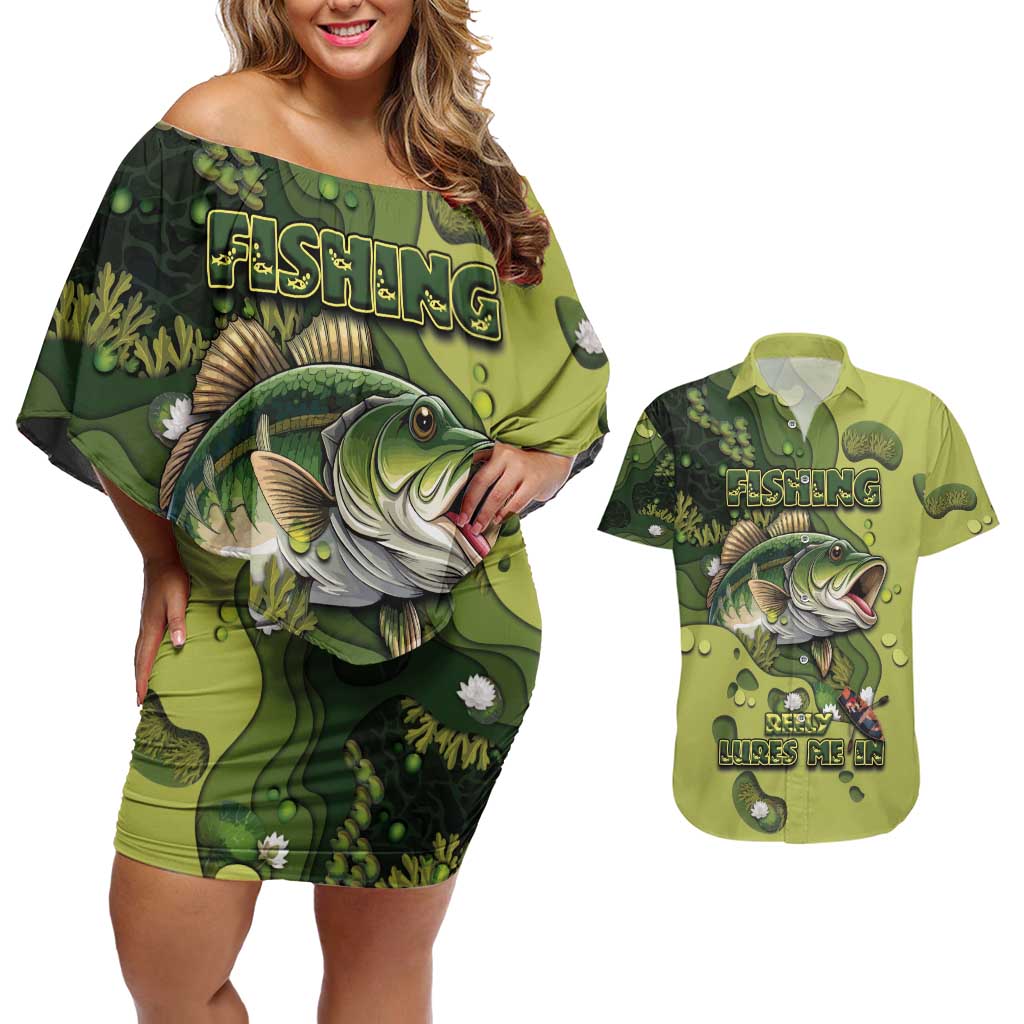 Personalized Fishing Couples Matching Off Shoulder Short Dress and Hawaiian Shirt Reely Lures Me In - Wonder Print Shop
