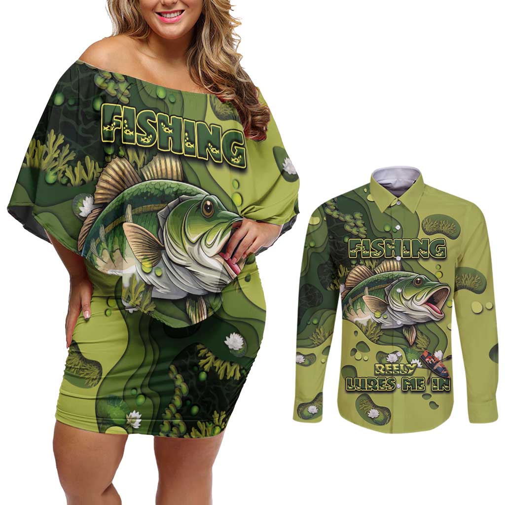 Personalized Fishing Couples Matching Off Shoulder Short Dress and Long Sleeve Button Shirt Reely Lures Me In - Wonder Print Shop