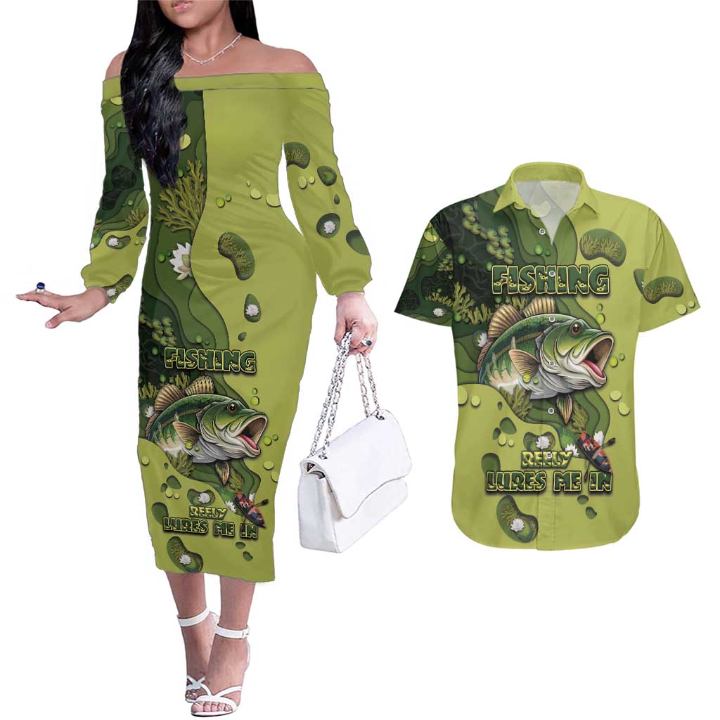 Personalized Fishing Couples Matching Off The Shoulder Long Sleeve Dress and Hawaiian Shirt Reely Lures Me In - Wonder Print Shop