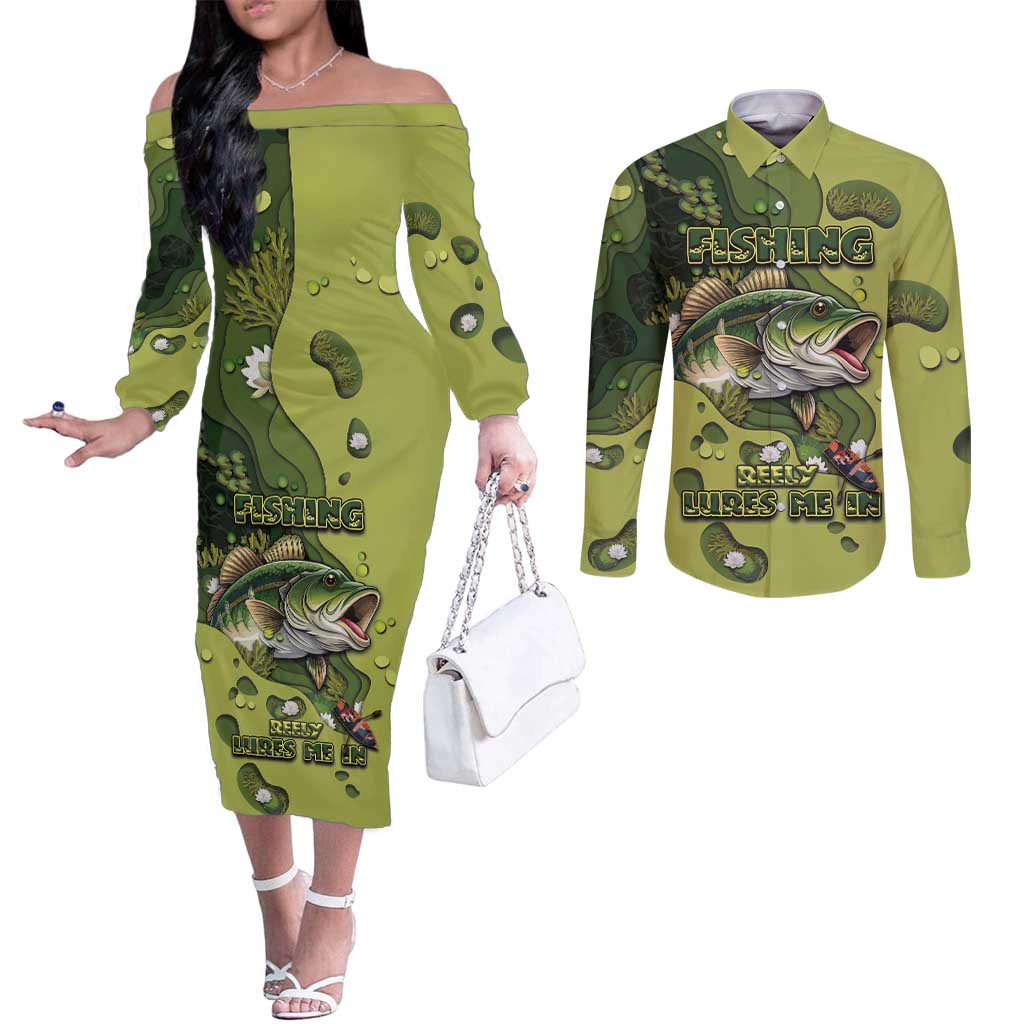 Personalized Fishing Couples Matching Off The Shoulder Long Sleeve Dress and Long Sleeve Button Shirt Reely Lures Me In - Wonder Print Shop