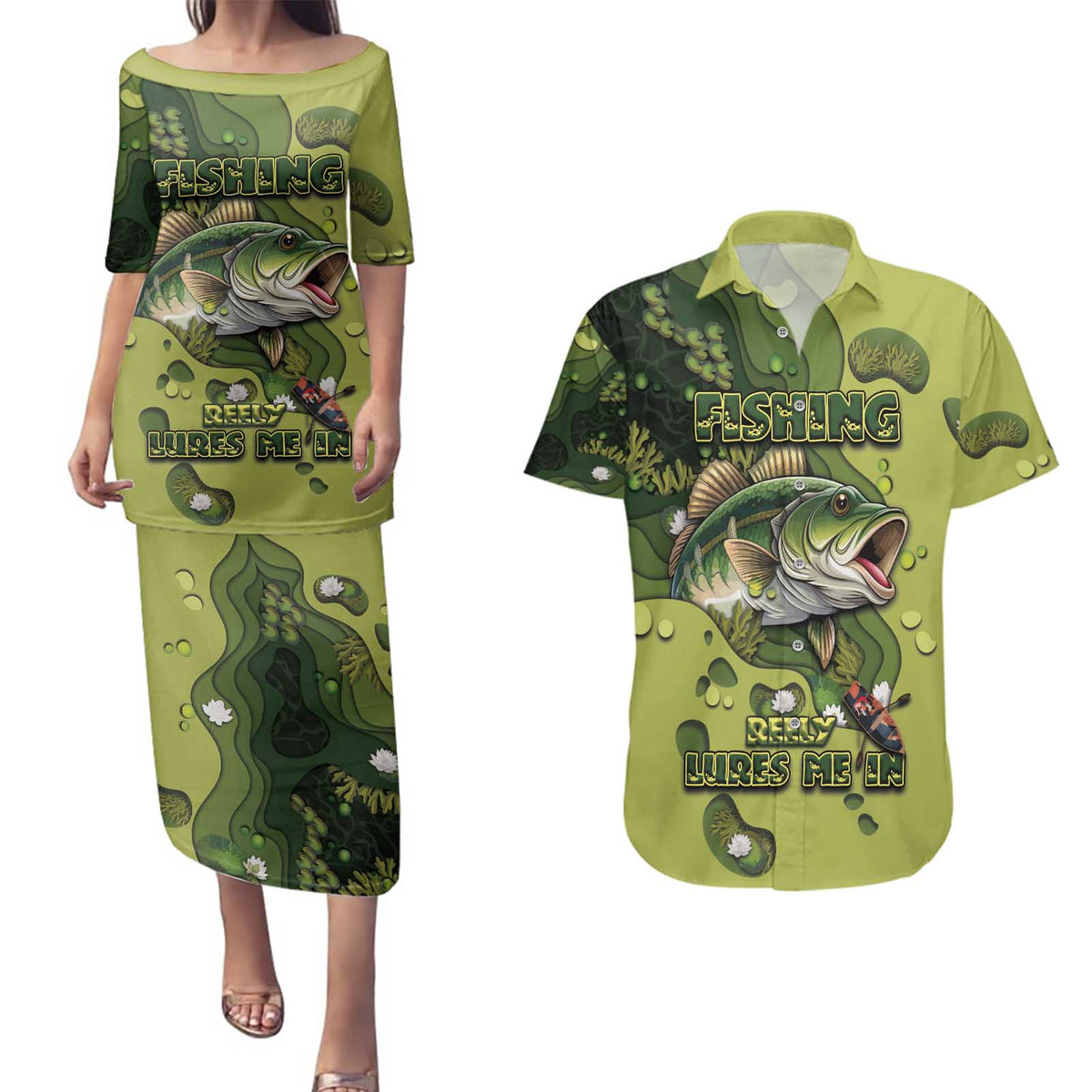 Personalized Fishing Couples Matching Puletasi and Hawaiian Shirt Reely Lures Me In - Wonder Print Shop