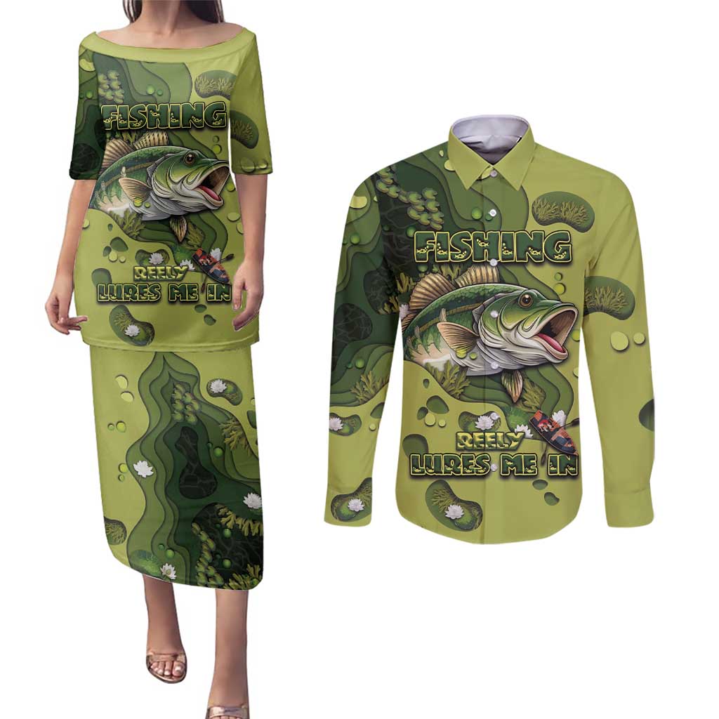 Personalized Fishing Couples Matching Puletasi and Long Sleeve Button Shirt Reely Lures Me In - Wonder Print Shop