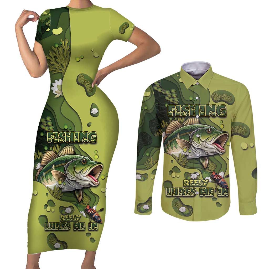 Personalized Fishing Couples Matching Short Sleeve Bodycon Dress and Long Sleeve Button Shirt Reely Lures Me In - Wonder Print Shop