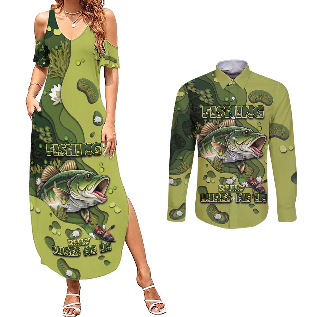 Personalized Fishing Couples Matching Summer Maxi Dress and Long Sleeve Button Shirt Reely Lures Me In - Wonder Print Shop