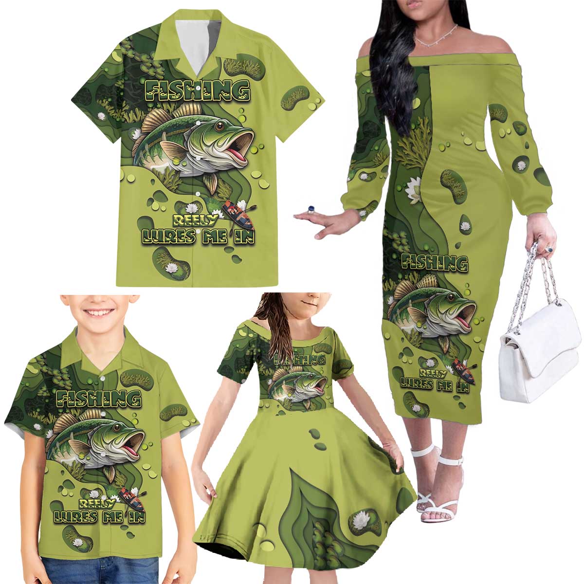 Personalized Fishing Family Matching Off The Shoulder Long Sleeve Dress and Hawaiian Shirt Reely Lures Me In - Wonder Print Shop