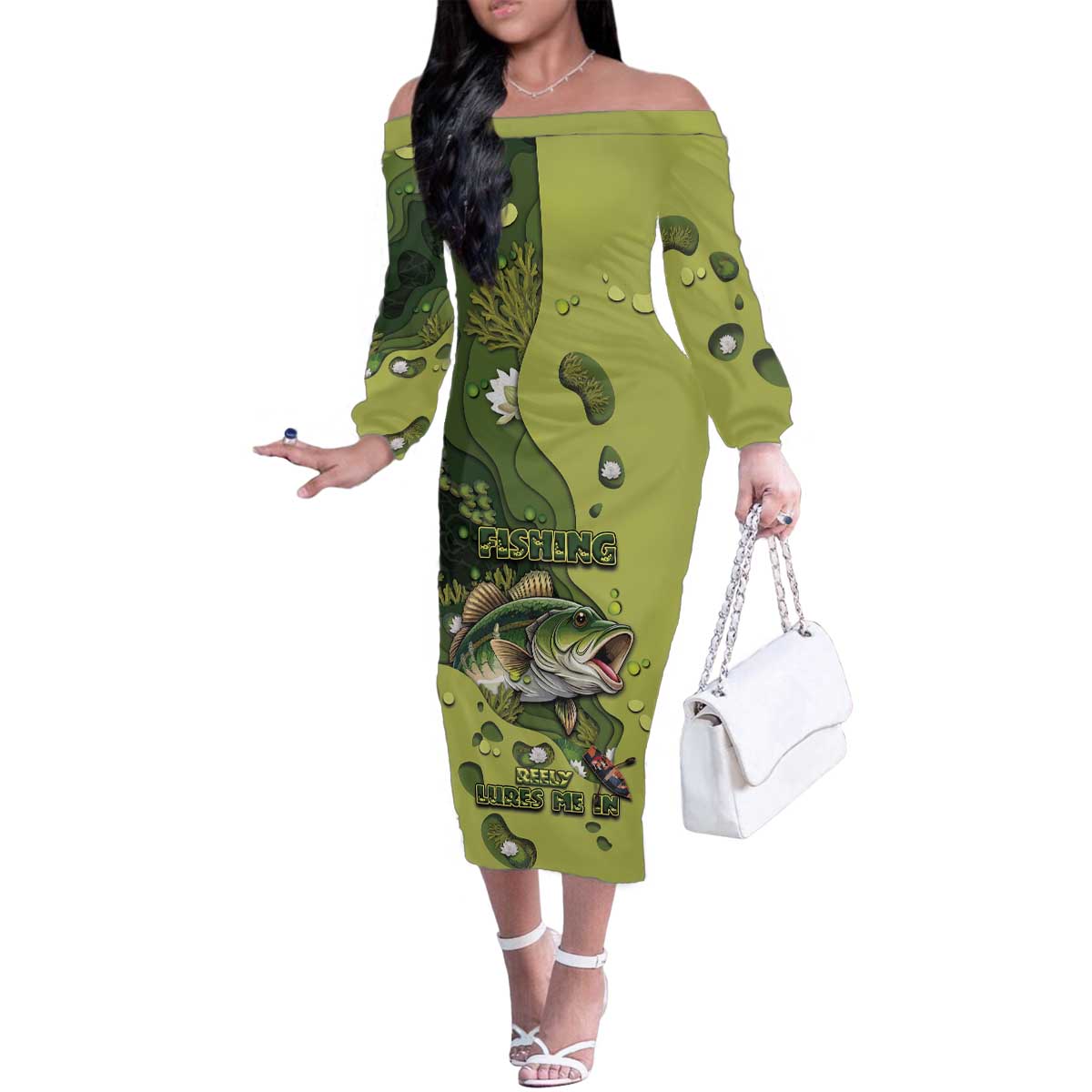 Personalized Fishing Family Matching Off The Shoulder Long Sleeve Dress and Hawaiian Shirt Reely Lures Me In - Wonder Print Shop